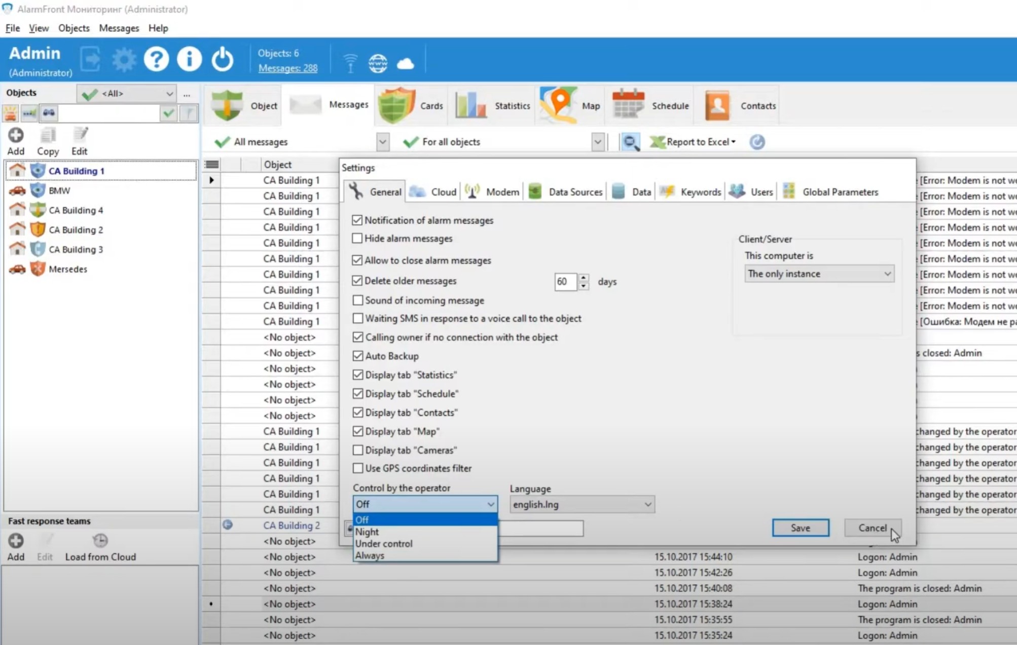 Alarm management software settings. Alarm management software settings.