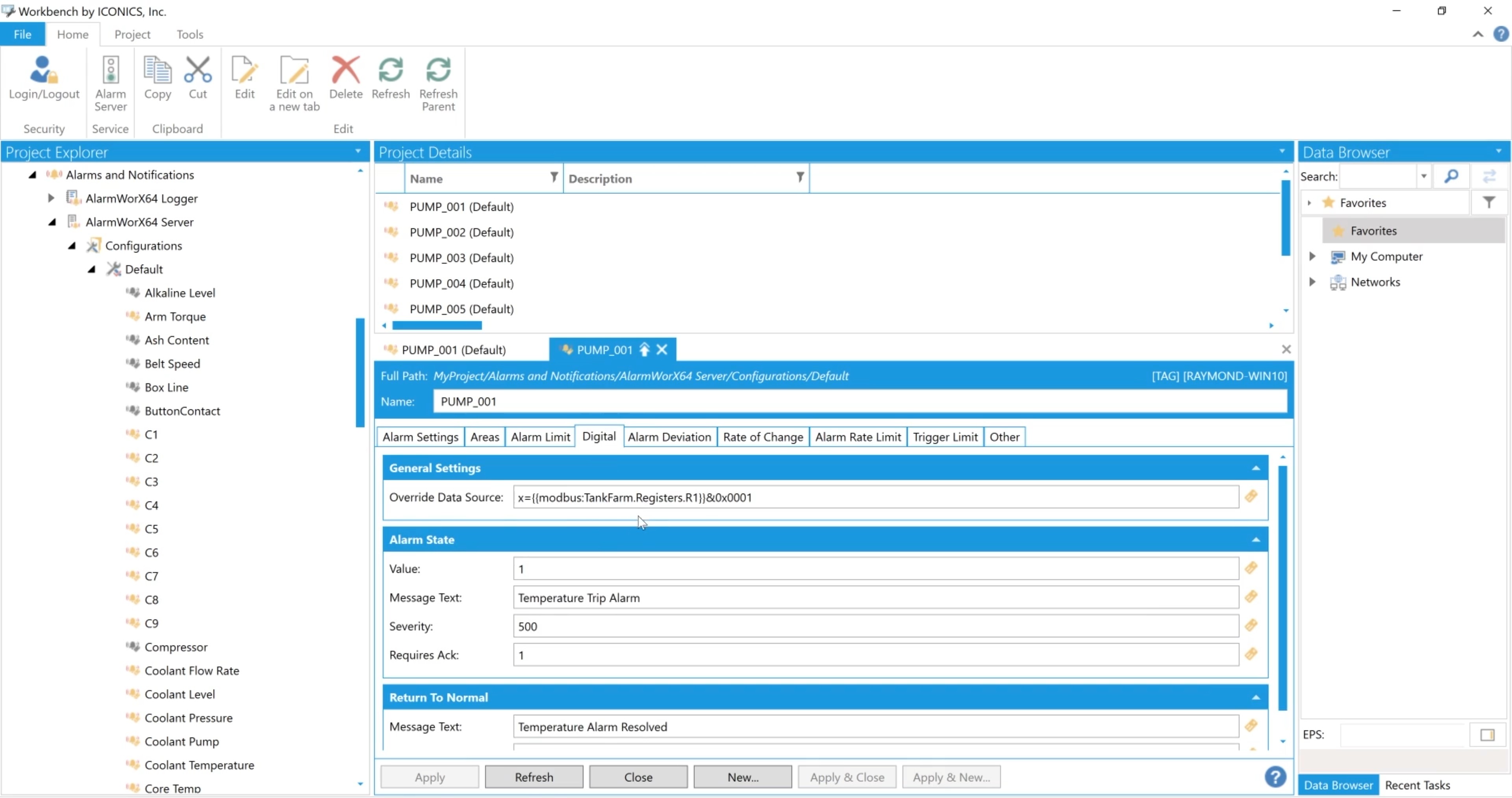 Iconics alarm management software main window. Iconics alarm management software main window.