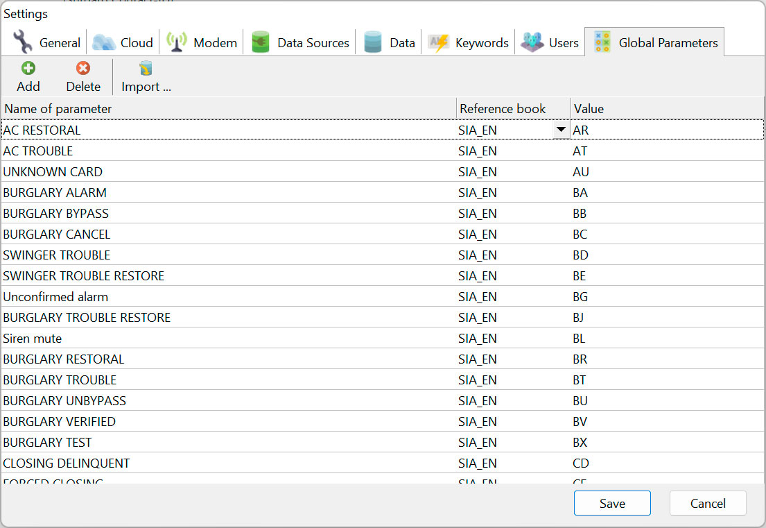 Import SIA Alarm Codes into software. Import SIA Alarm Codes into software.